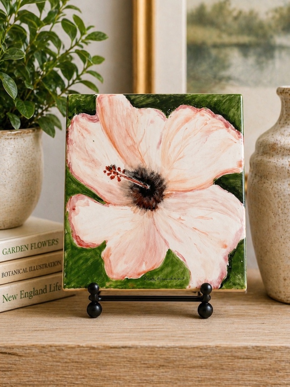 Hand Painted Hibiscus Tile | Signed Studio Art | USA Made